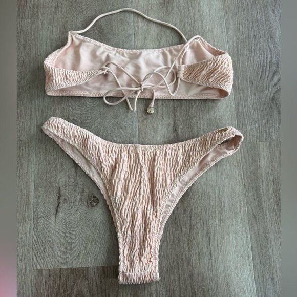 Sarah’s Day X White Fox Boutique Bikini Set Cheeky High Cut Ribbed Pink Tan M - Picture 3 of 9